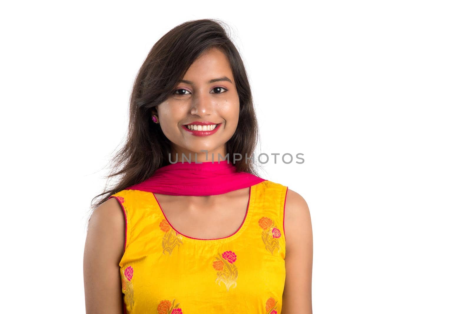 Portrait of beautiful young smiling girl on a white background. by DipakShelare