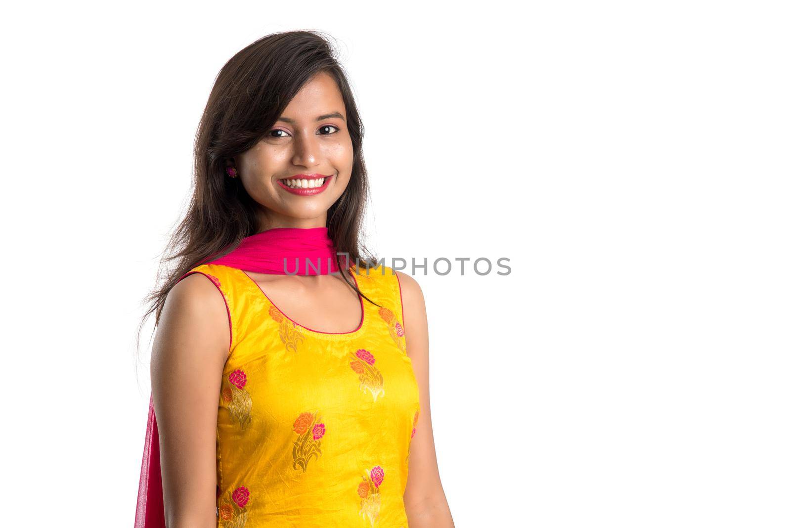 Portrait of beautiful young smiling girl on a white background.