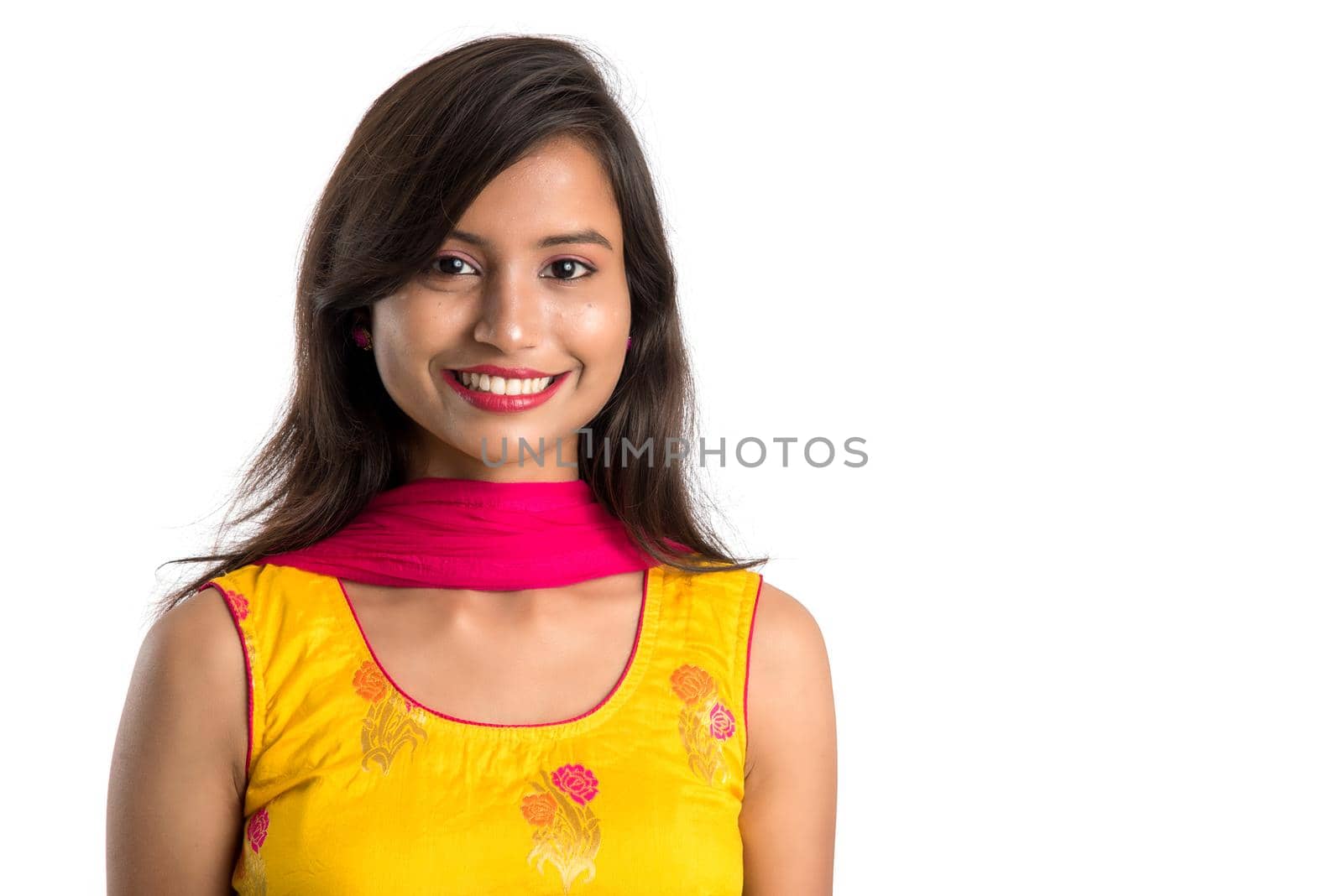 Portrait of beautiful young smiling girl on a white background.