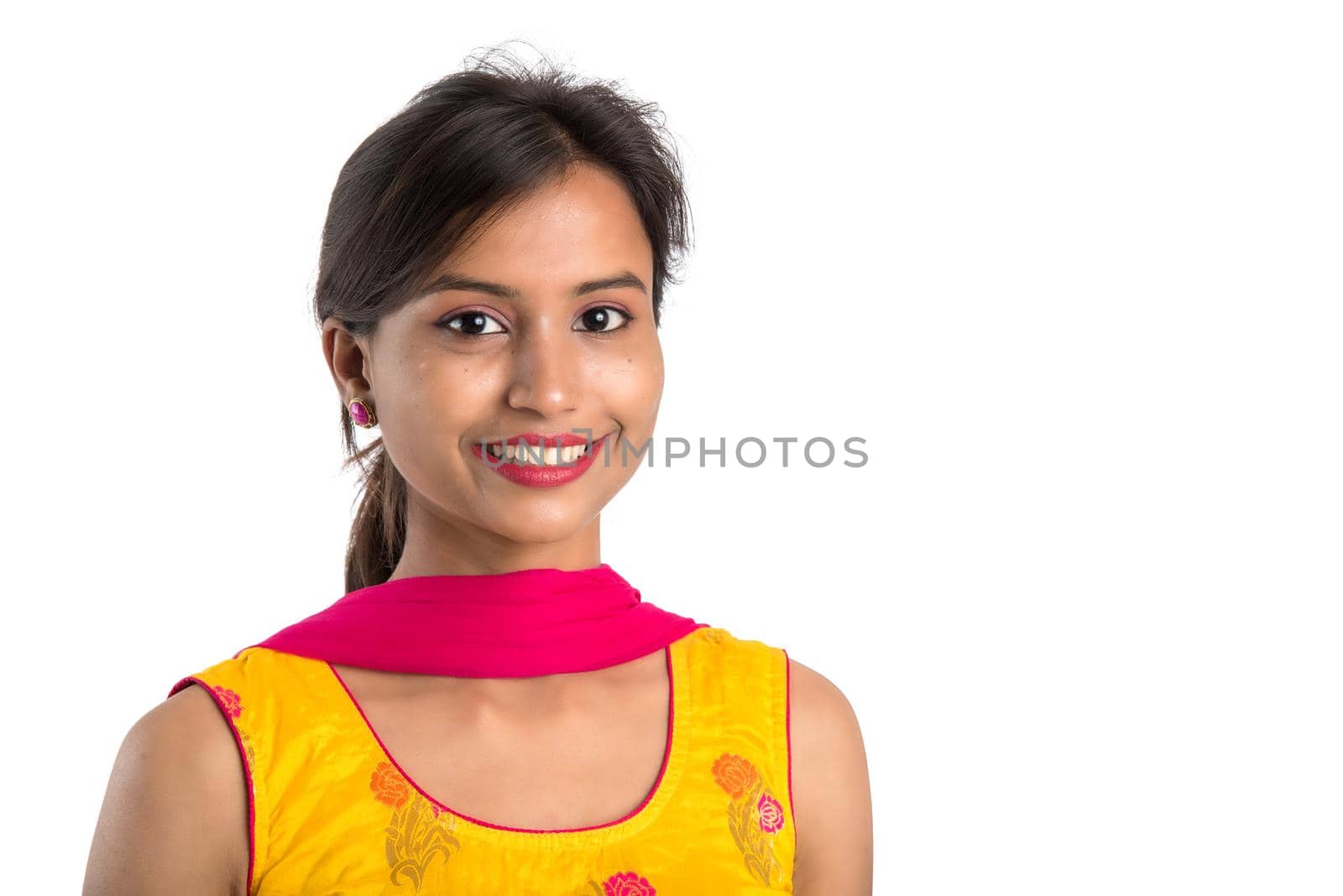 Portrait of beautiful young smiling girl on a white background.