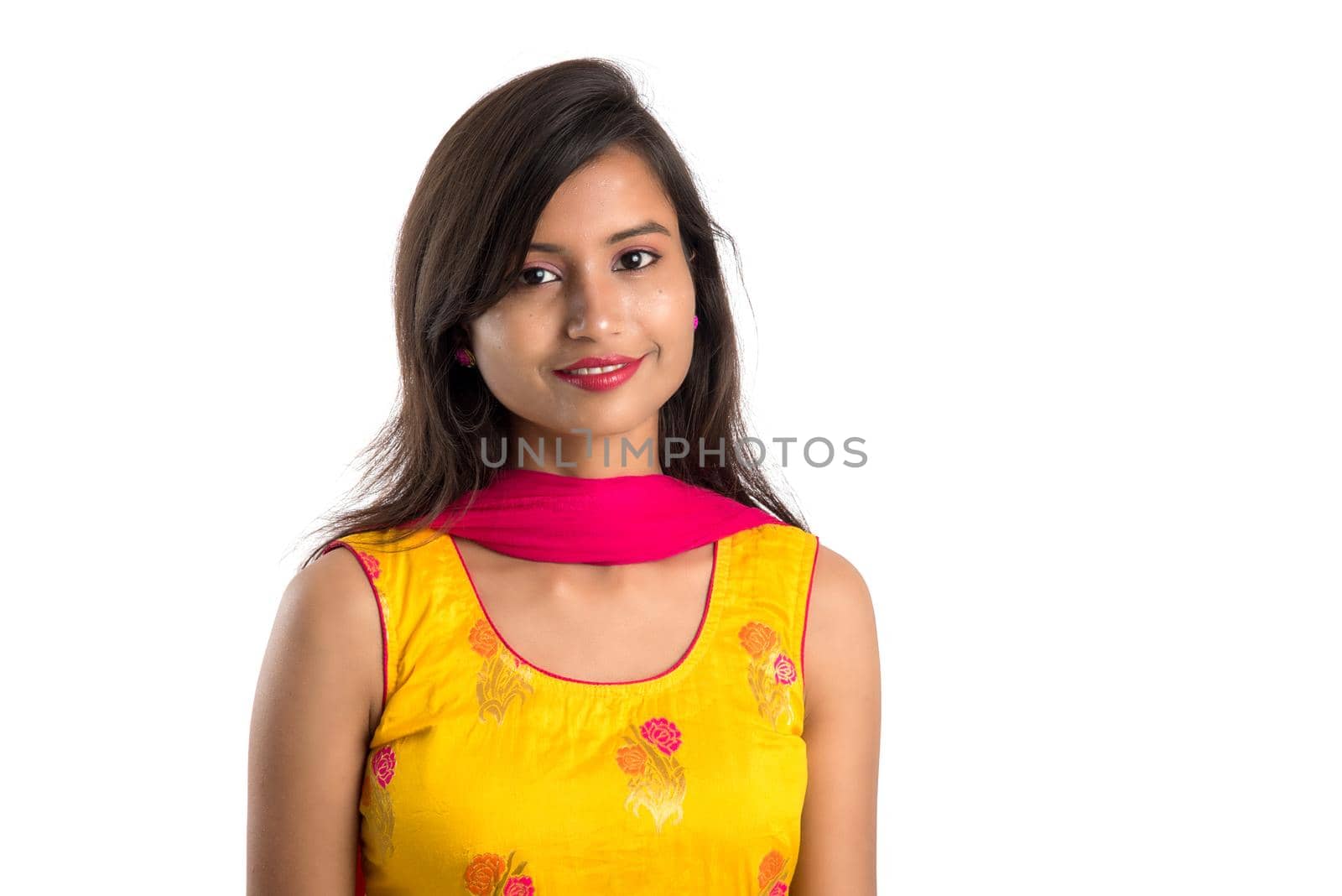 Portrait of beautiful young smiling girl on a white background. by DipakShelare