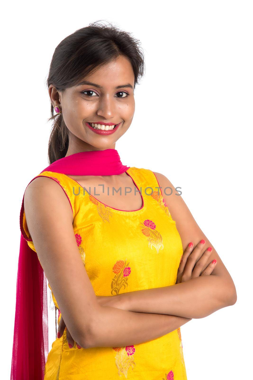 Portrait of beautiful young smiling girl on a white background. by DipakShelare