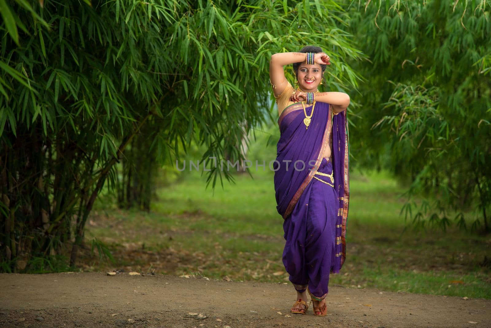 Indian Beautiful young girl in Traditional Saree posing outdoors