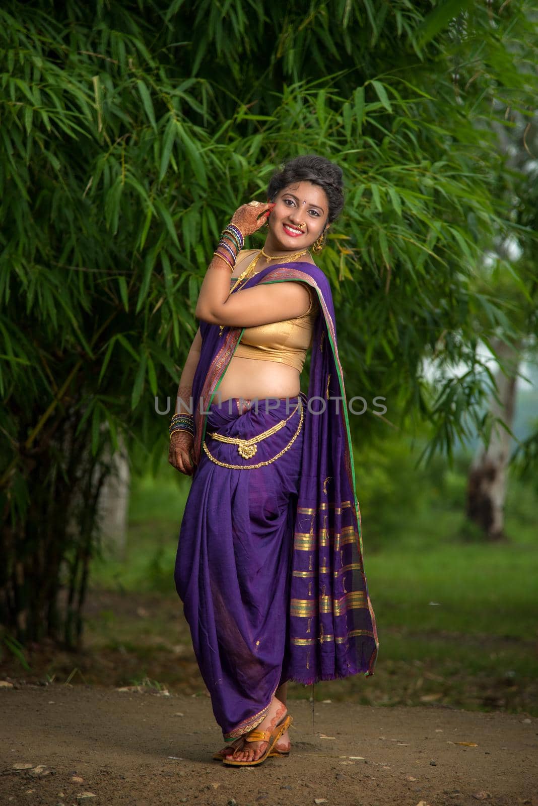 Indian Beautiful young girl in Traditional Saree posing outdoors