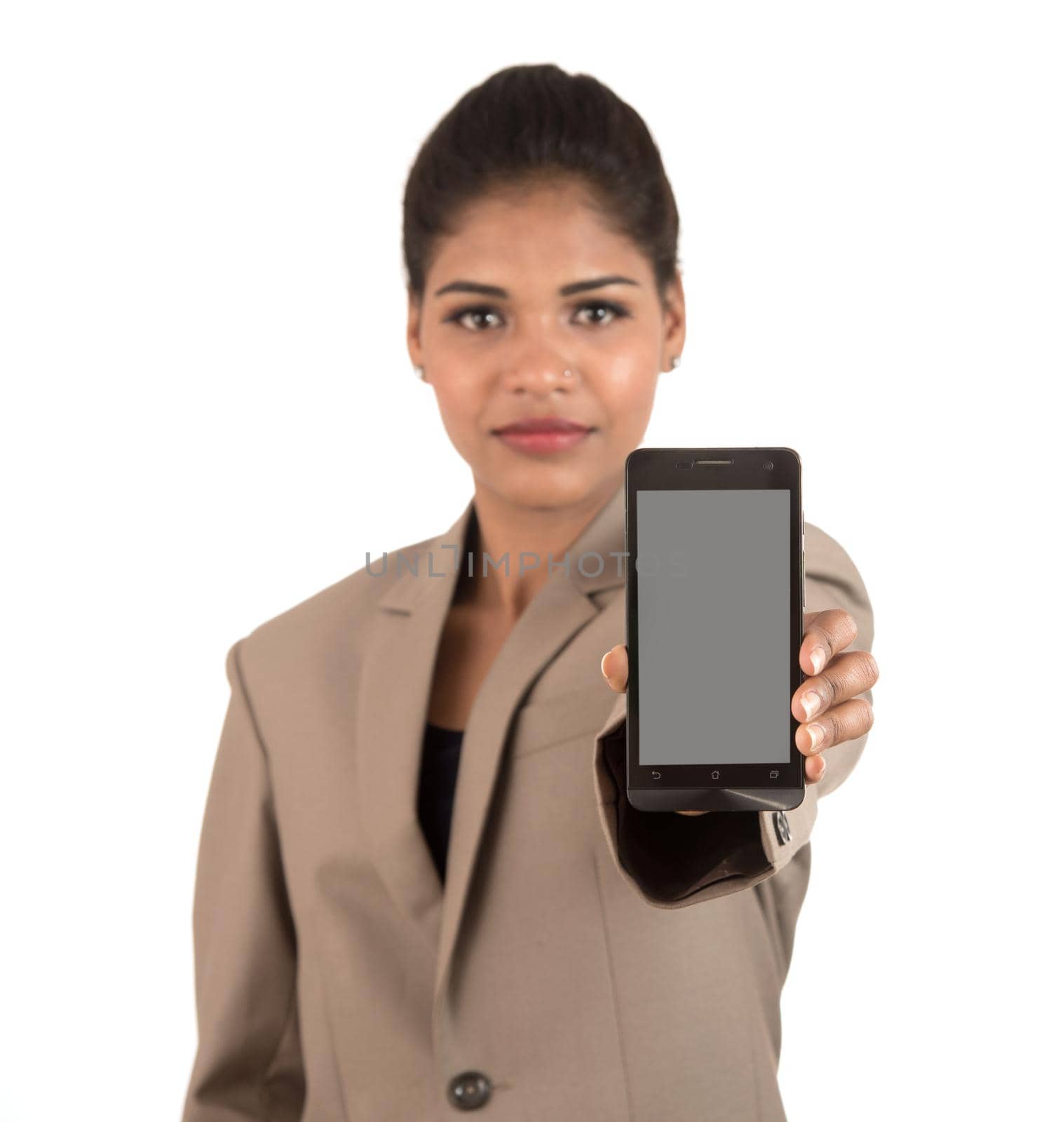 Young beautiful woman holding blank screen smart phone on white background by DipakShelare