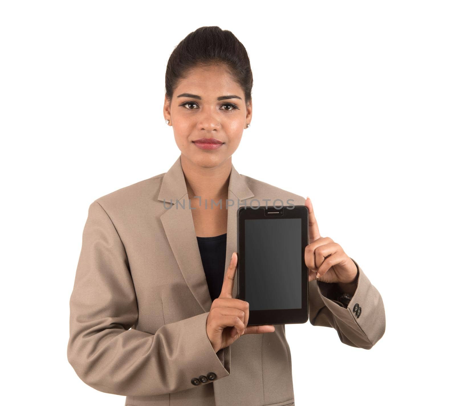 Young beautiful woman holding blank screen smart phone on white background