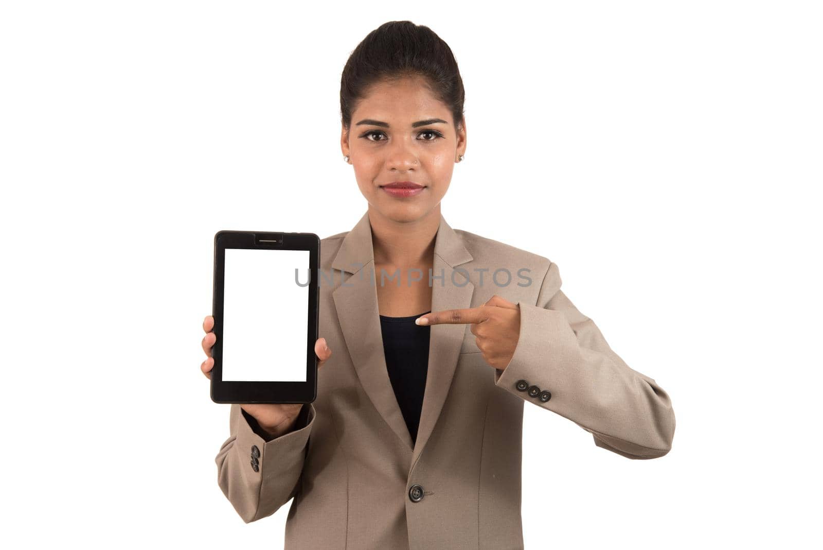 Young beautiful woman holding blank screen smart phone on white background