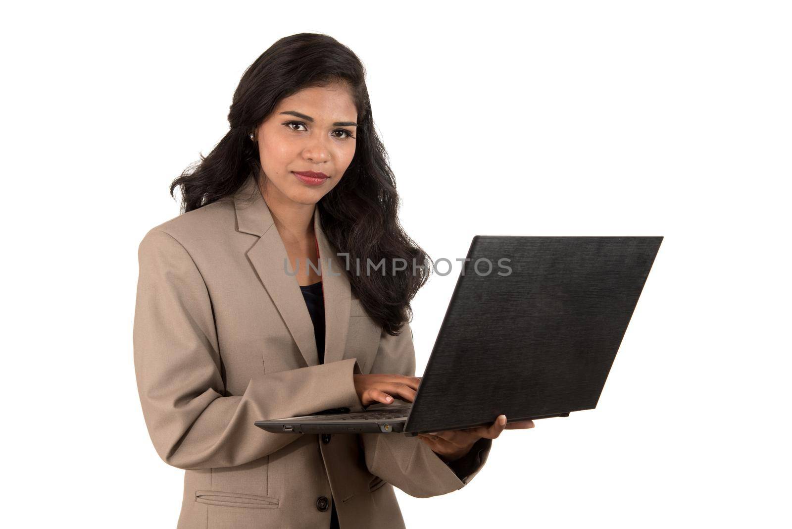 Young happy smiling woman holding laptop.