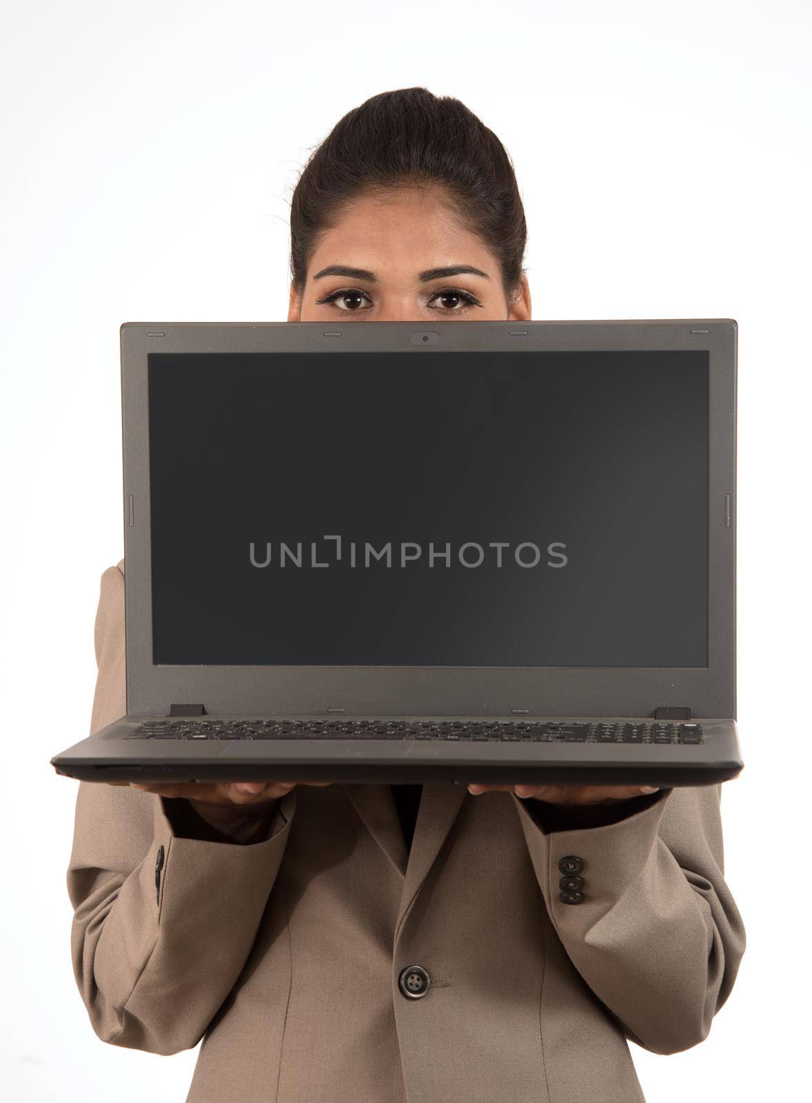 Young happy smiling woman holding laptop.