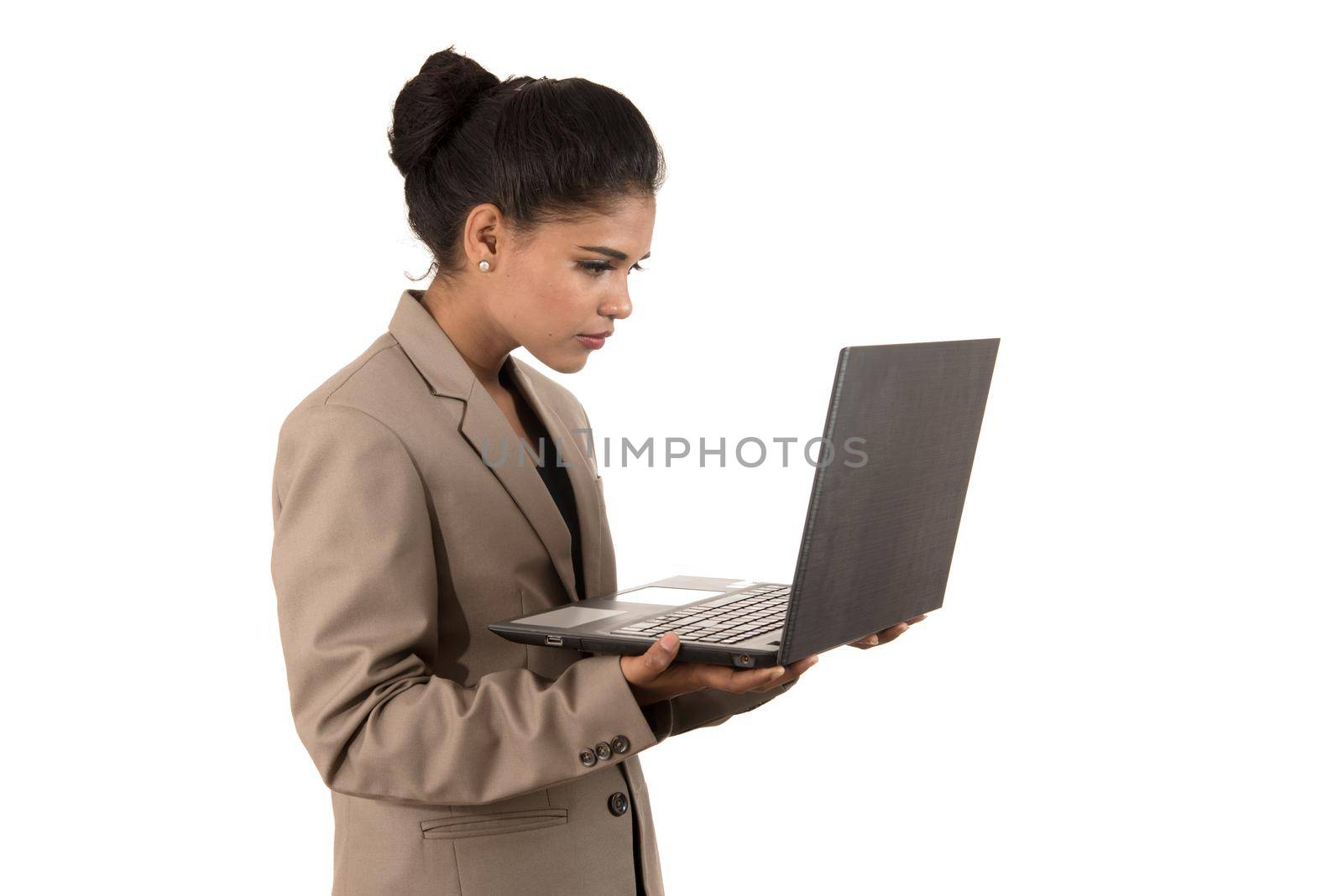 Young happy smiling woman holding laptop.