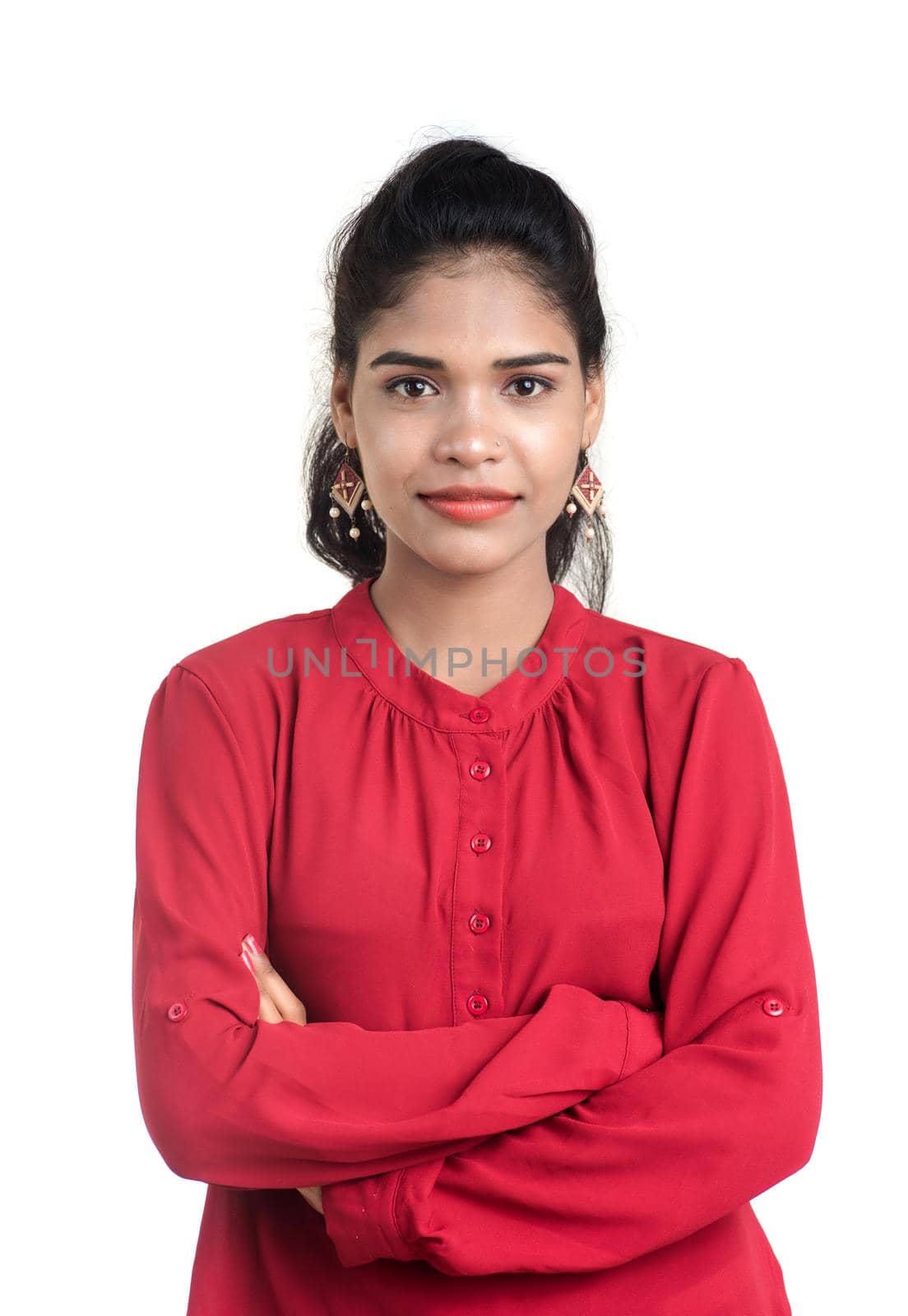 Beautiful Indian traditional girl posing on white background.