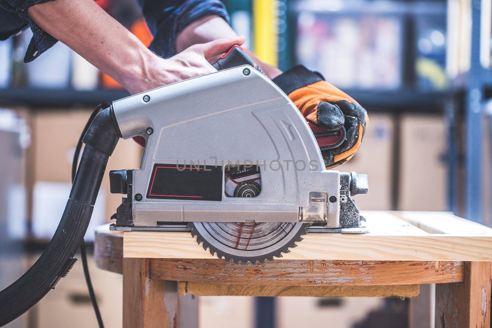 Close up of circular saw, ready for sawing wood planks