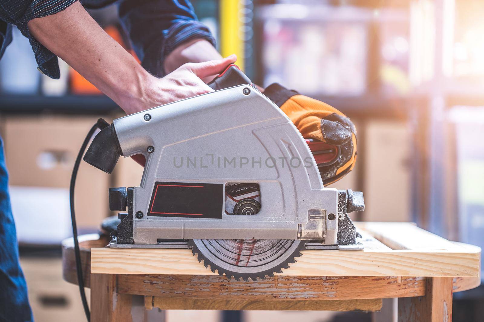 Close up of circular saw, ready for sawing wood planks
