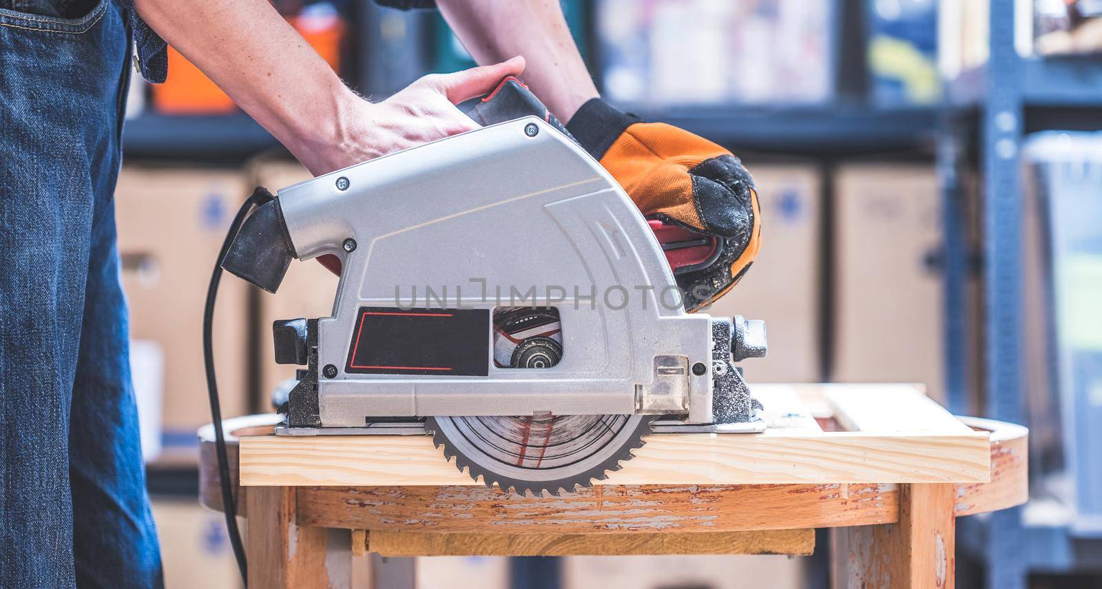 Close up of circular saw, ready for sawing wood planks