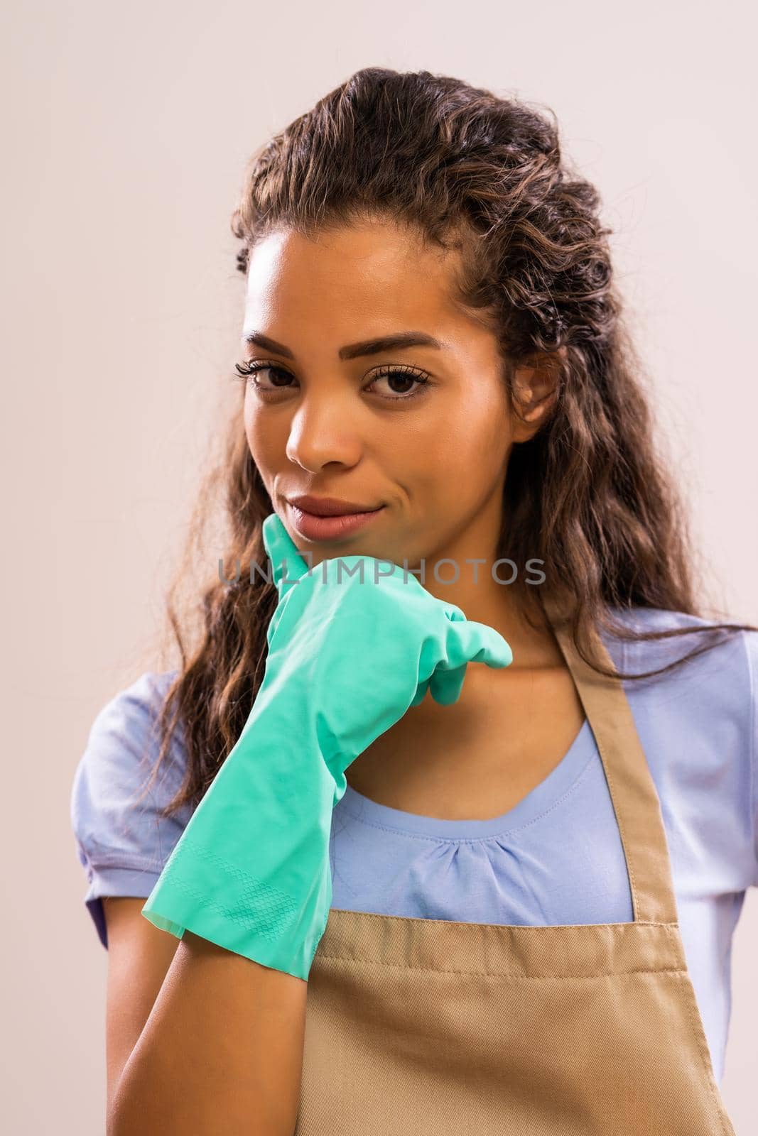 Portrait of african-american housewife who is ready for housework.