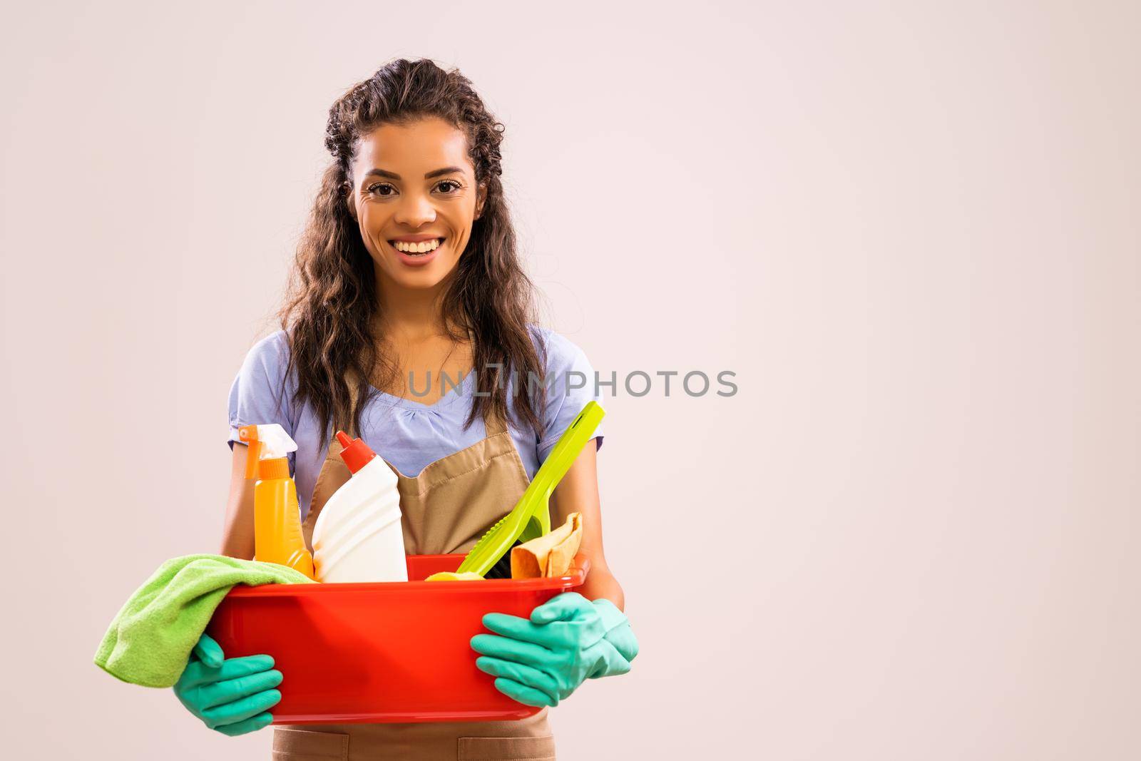 Portrait of african-american housewife who is ready for housework.