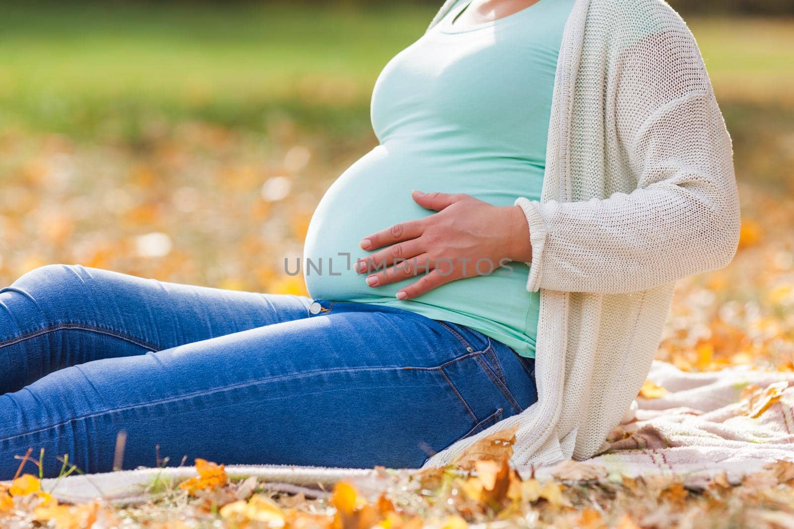 Close up of pregnant woman holding her belly in park.