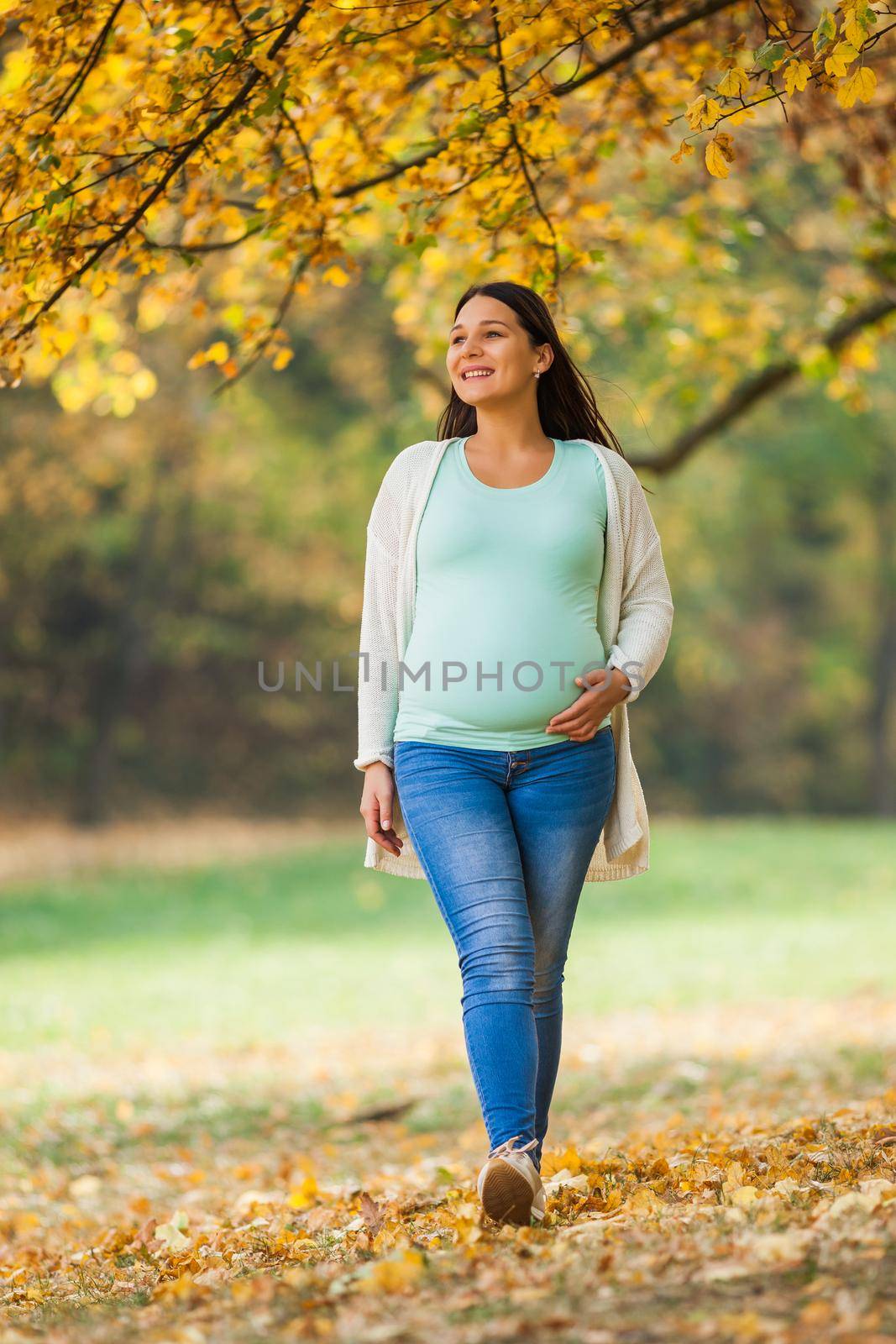 Happy pregnant woman is walking in park.
