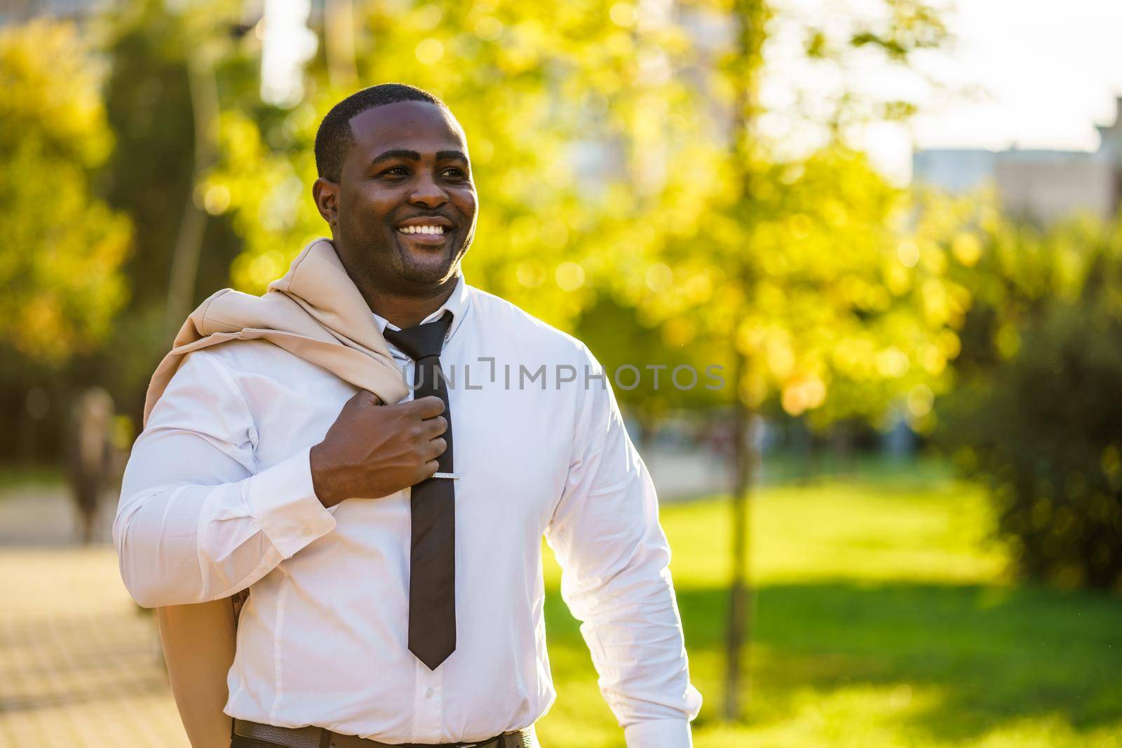 Portrait of happy african-american businessman who is walking in park.