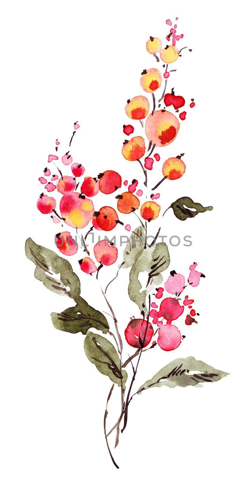 Beautiful bouquet of flowers painted by watercolor. Isolated illustration on white background.