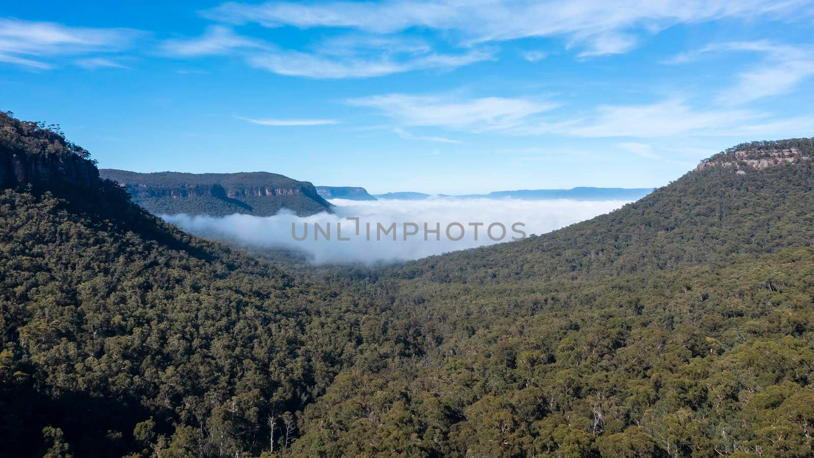 Aerial view of fog in Megalong Valley in The Blue Mountains in Australia by WittkePhotos