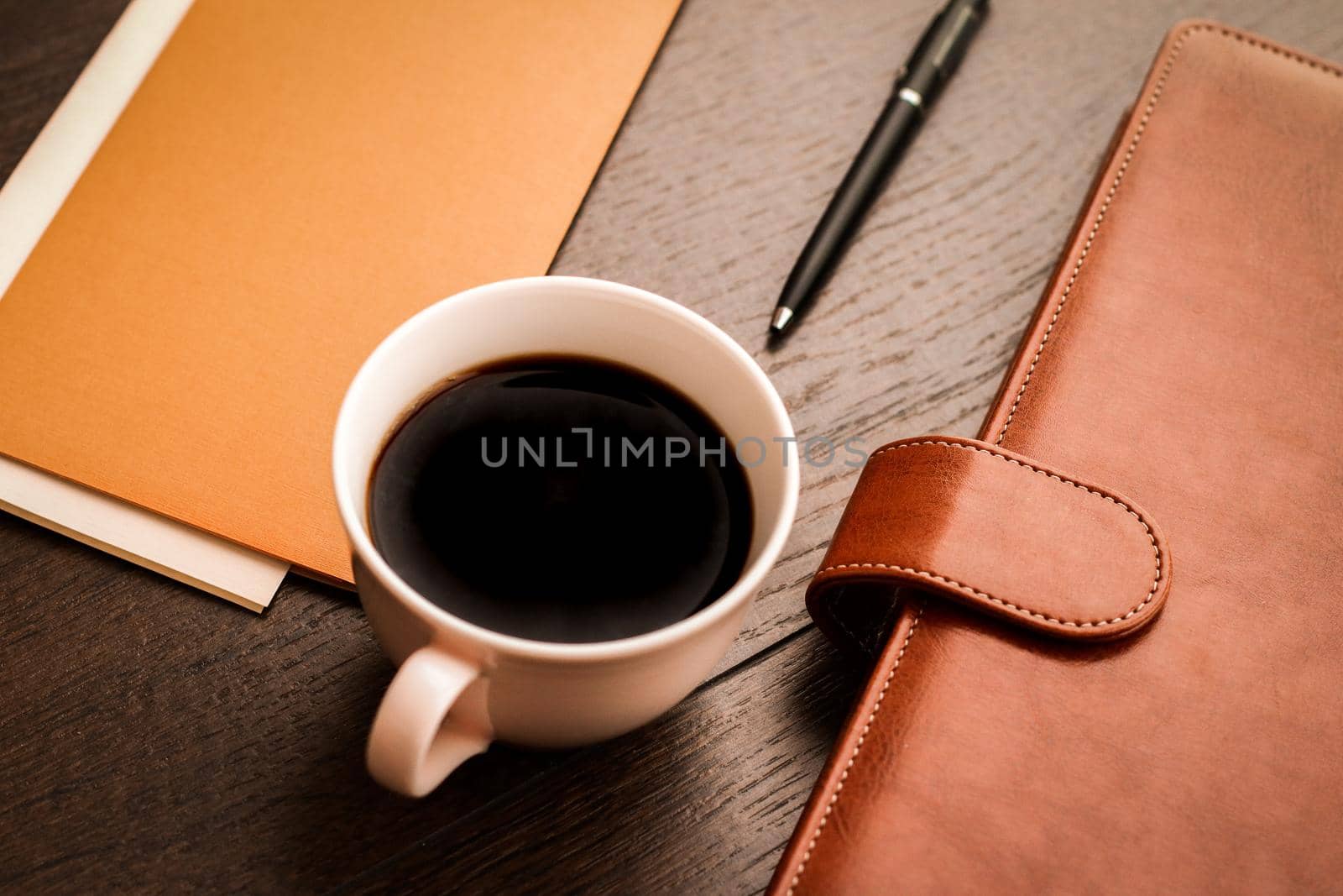 Office table desk and coffee cup, productivity concept by Anneleven