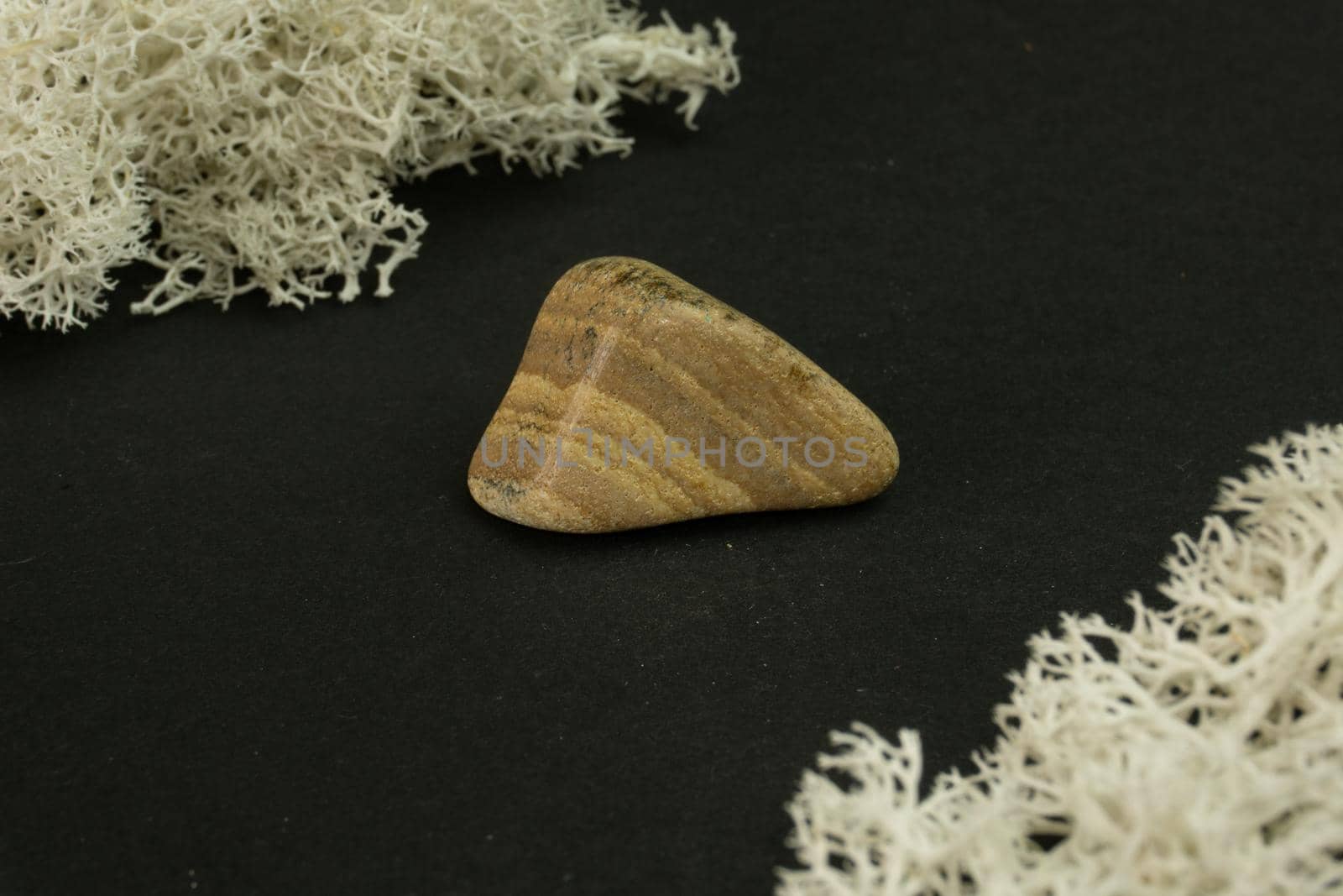 Picture brown jasper from Republic of South Africa RSA. Natural mineral stone on a black surrounded by moss. Mineralogy, geology, magic, semi-precious stones and samples. Close-up macro photo.