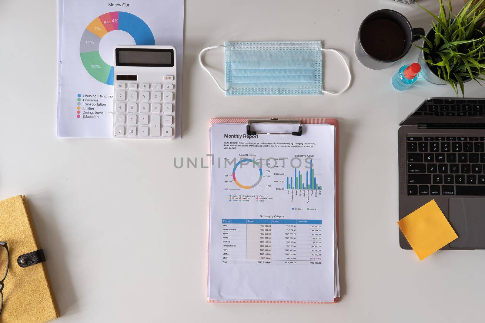 medical face mask and hand sanitizer on business financial work place. Flat lay with laptop computer and white workspace background with copy space. Top view.