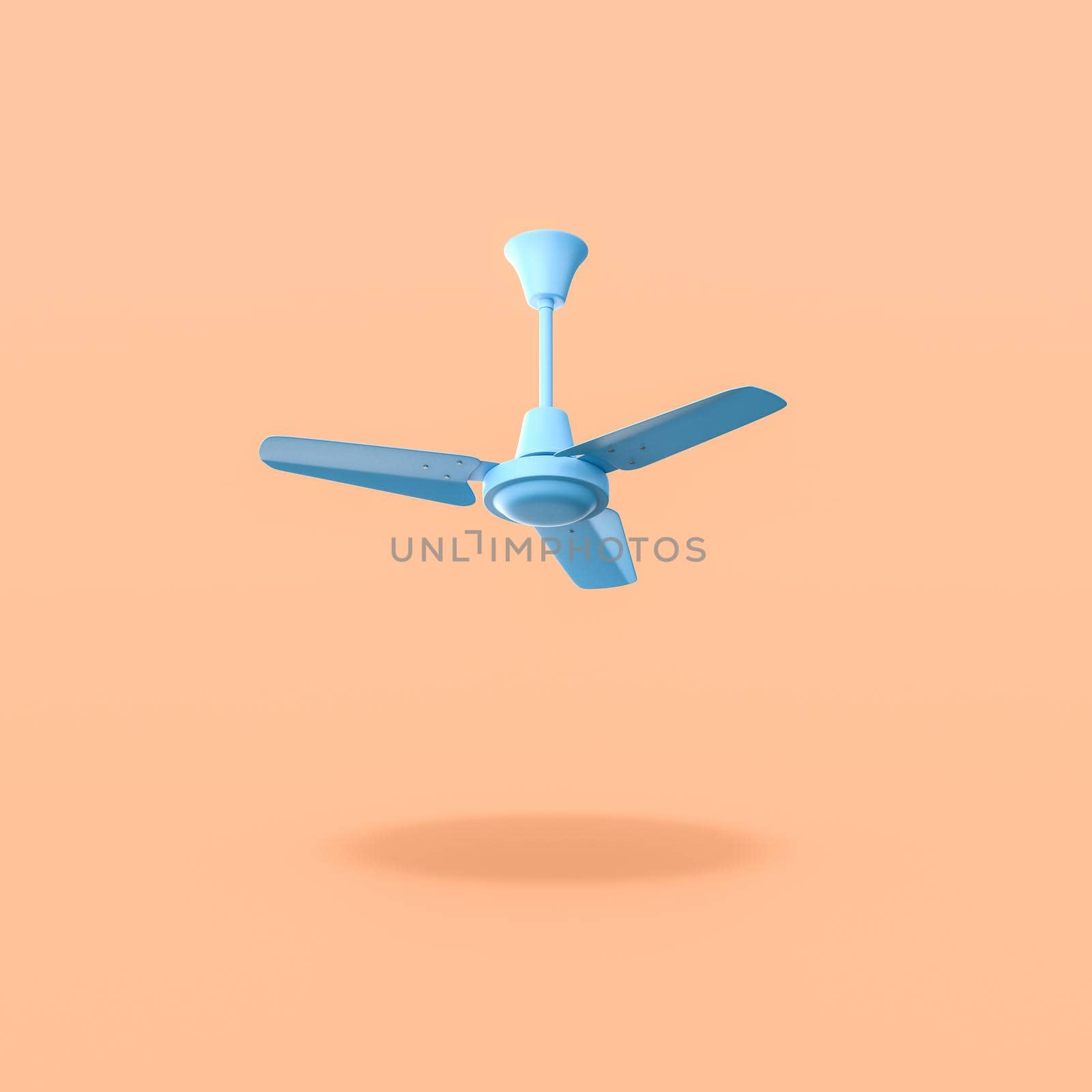 Blue Ceiling Fan Isolated on Flat Orange Background with Shadow 3D Illustration