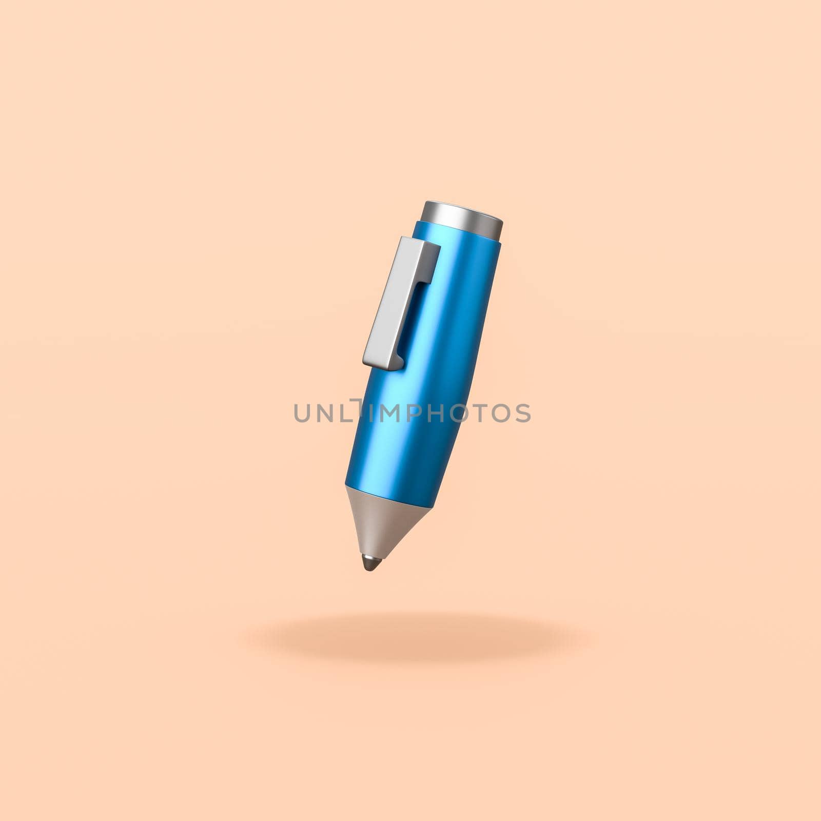 Cartoon Single Blue Metallic Pen Isolated on Flat Orange Background with Shadow 3D Illustration