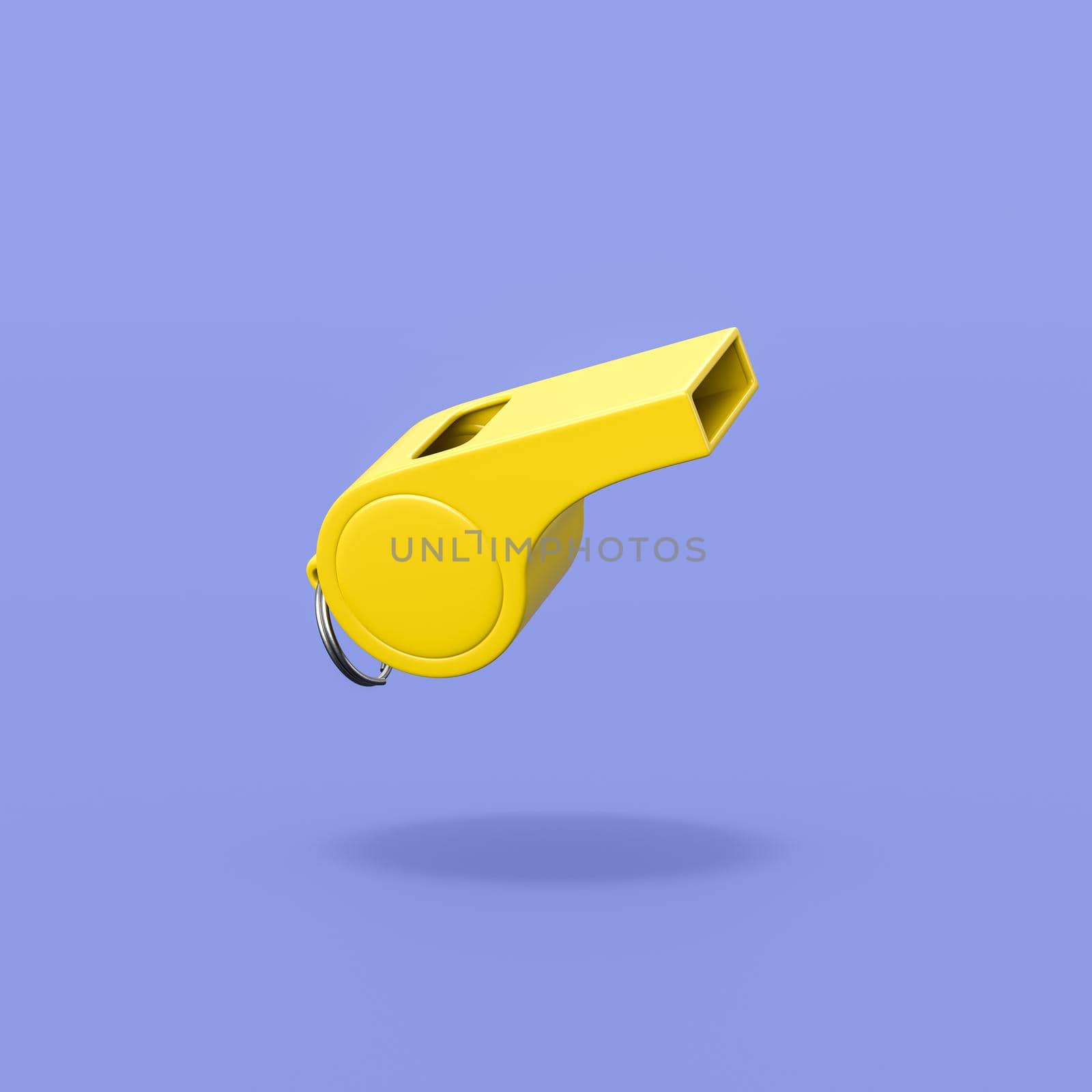 Yellow Plastic Whistle Isolated on Flat Blue Background with Shadow 3D Illustration