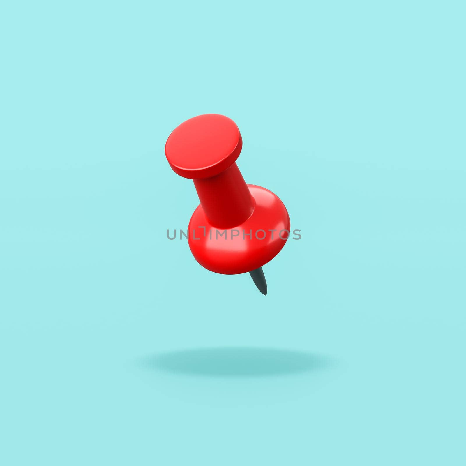 Single Red Pushpin Isolated on Flat Blue Background with Shadow 3D Illustration