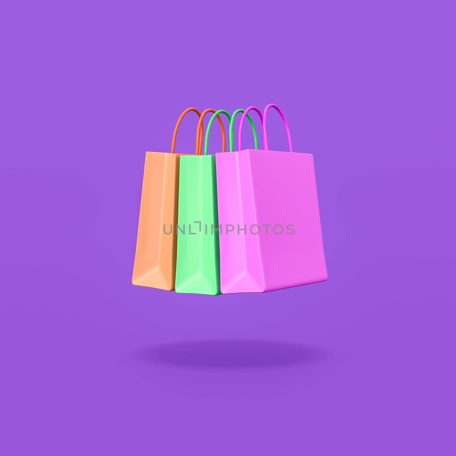 Cartoon Colorful Shopping Bags Isolated on Flat Purple Background with Shadow 3D Illustration