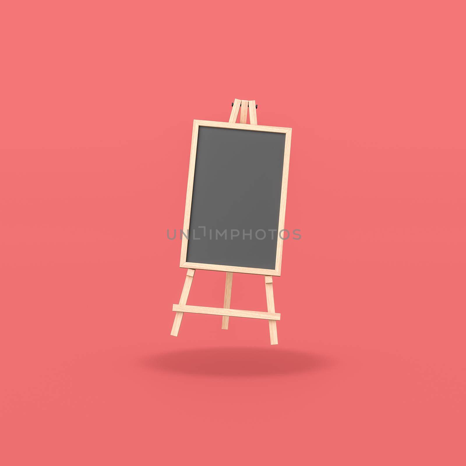 Blank Vertical Blackboard on Wooden Easel Isolated on Flat Red Background with Shadow 3D Illustration