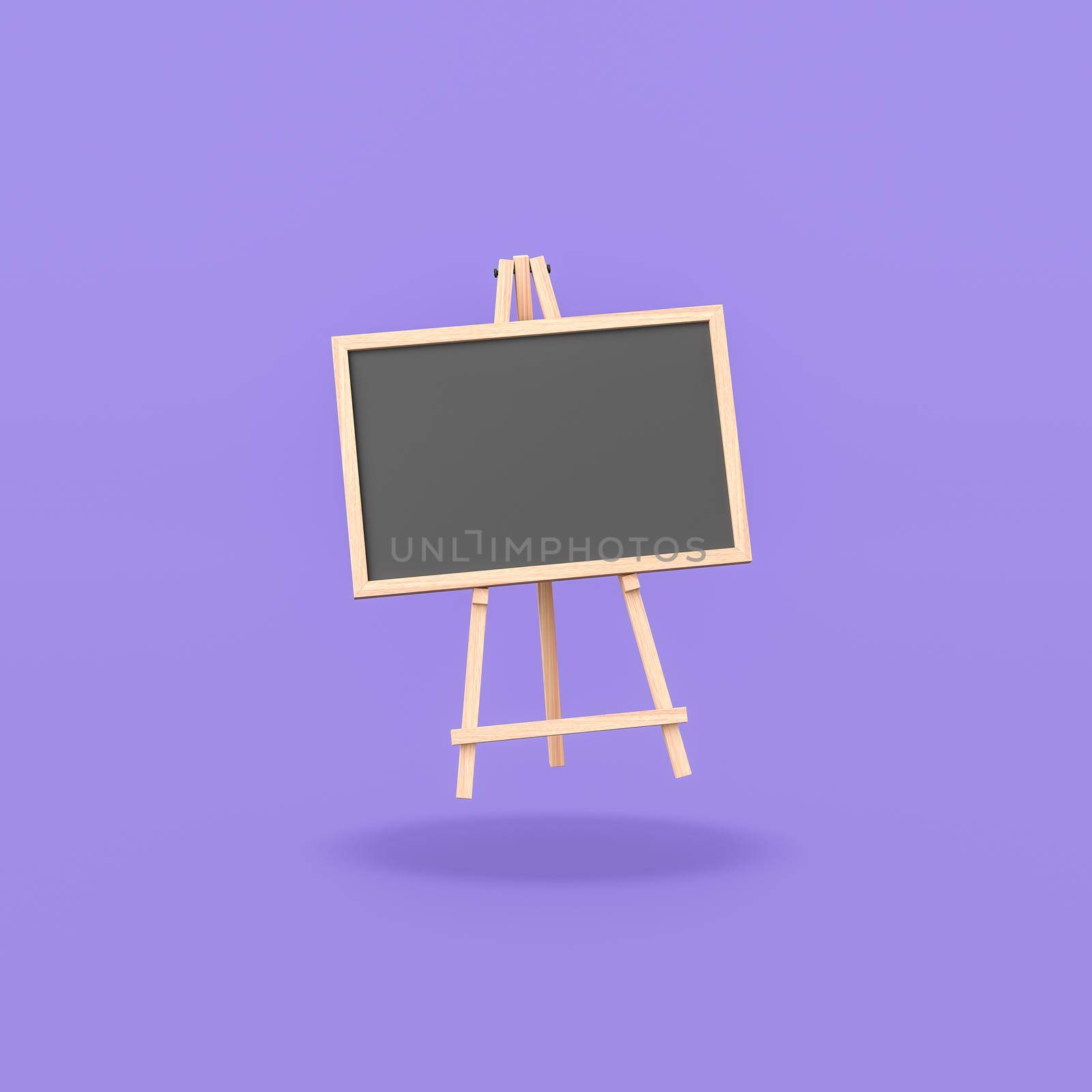 Blank Blackboard on Wooden Easel Isolated on Flat Purple Background with Shadow 3D Illustration