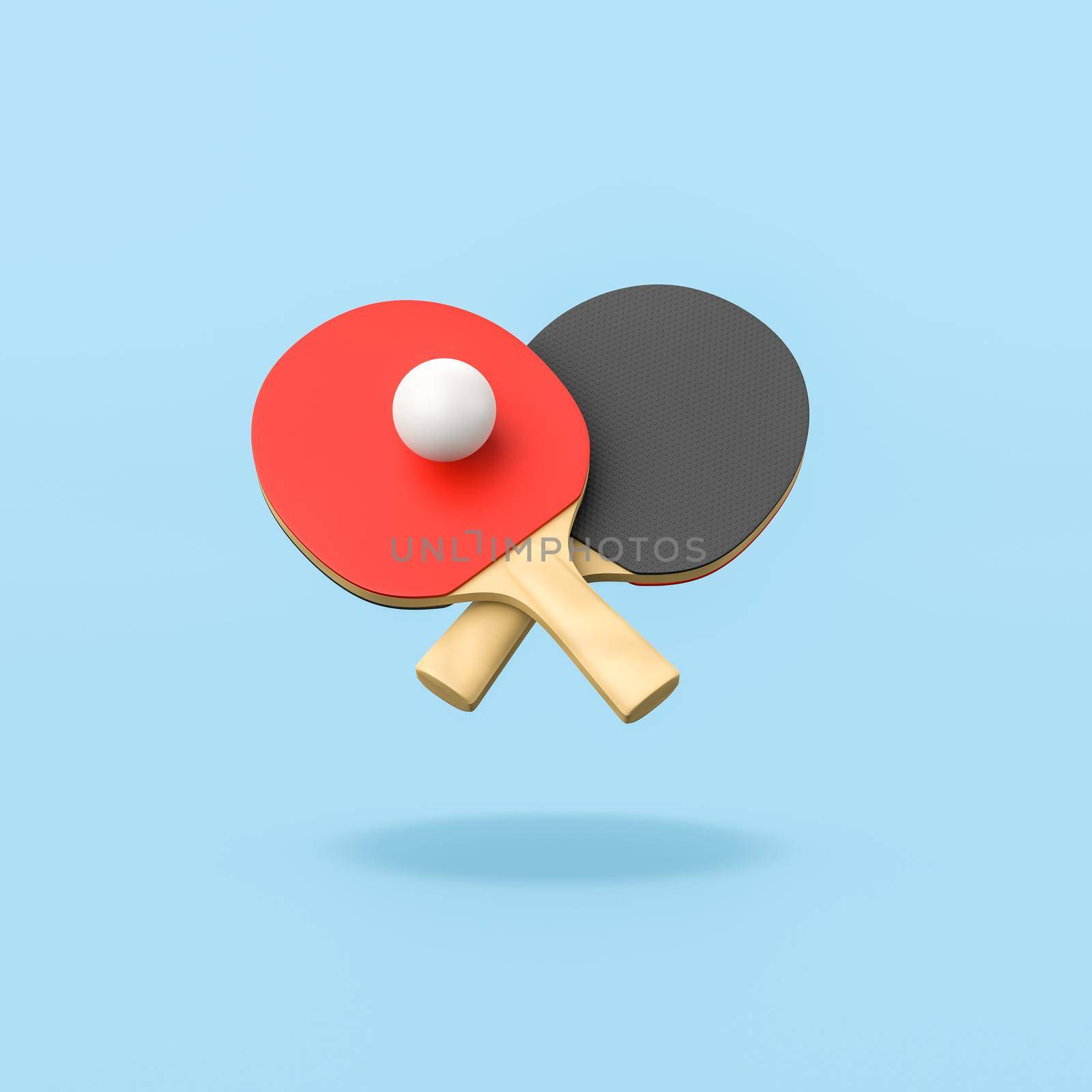 Two Ping-Pong Bats and One Ball Isolated on Flat Blue Background with Shadow 3D Illustration