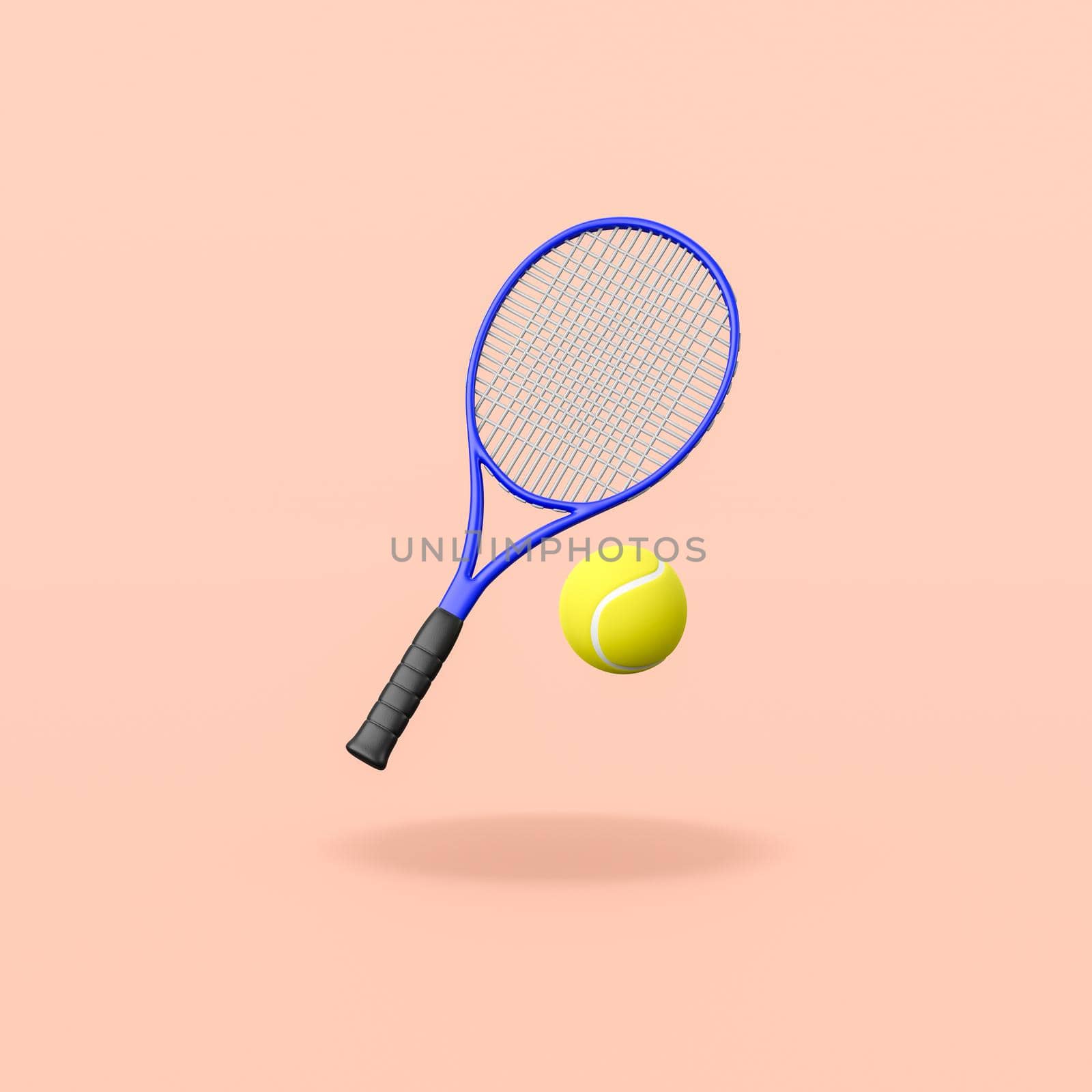 Tennis Racket and Ball Isolated on Flat Orange Background with Shadow 3D Illustration