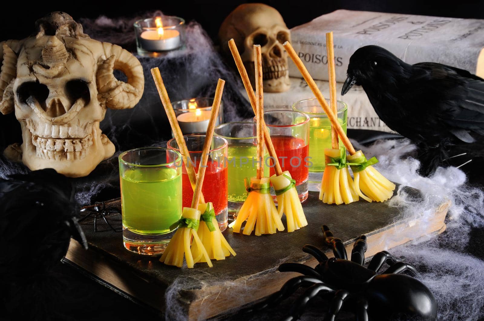 Witch broom made of cheese and bread straw. The original idea of serving snacks to drinks.