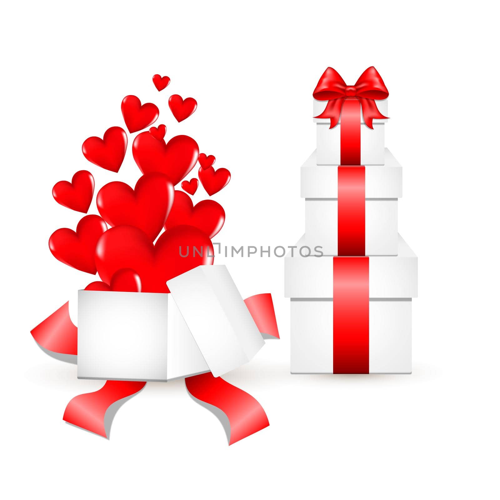 White gift box with red satin bow. A heart flies from an open gift. Tied with red wrapping tape, it stands on the surface in the front view. gift box