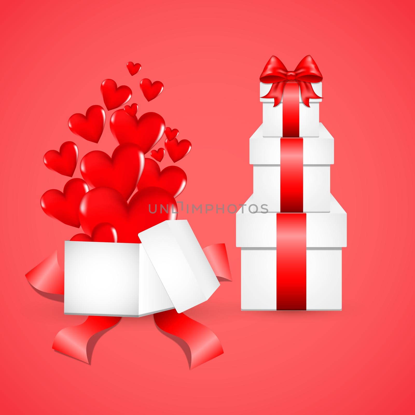 White gift box with red satin bow. A heart flies from an open gift. Tied with red wrapping tape, it stands on the surface in the front view. gift box