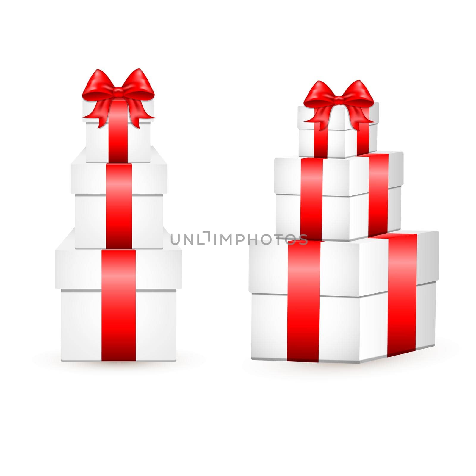 White gift box with red satin bow. The cubic shape of the real box, tied with red wrapping tape, stands on the surface in the front view. gift box