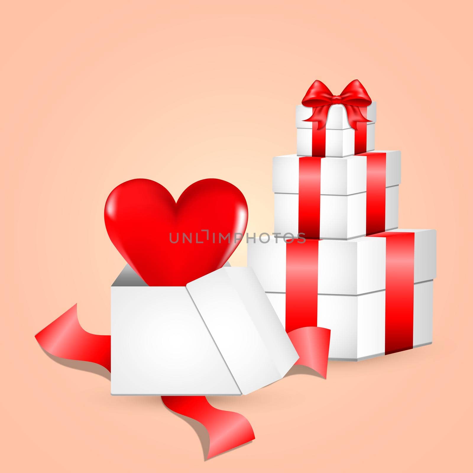 White gift box with red satin bow. A heart flies from an open gift. Tied with red wrapping tape, it stands on the surface in the front view. gift box