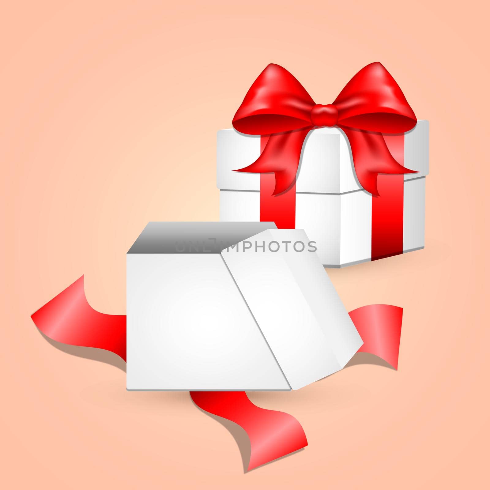 White gift box with red satin bow. The cubic shape of the real box, tied with red wrapping tape, stands on the surface in the front view. gift box