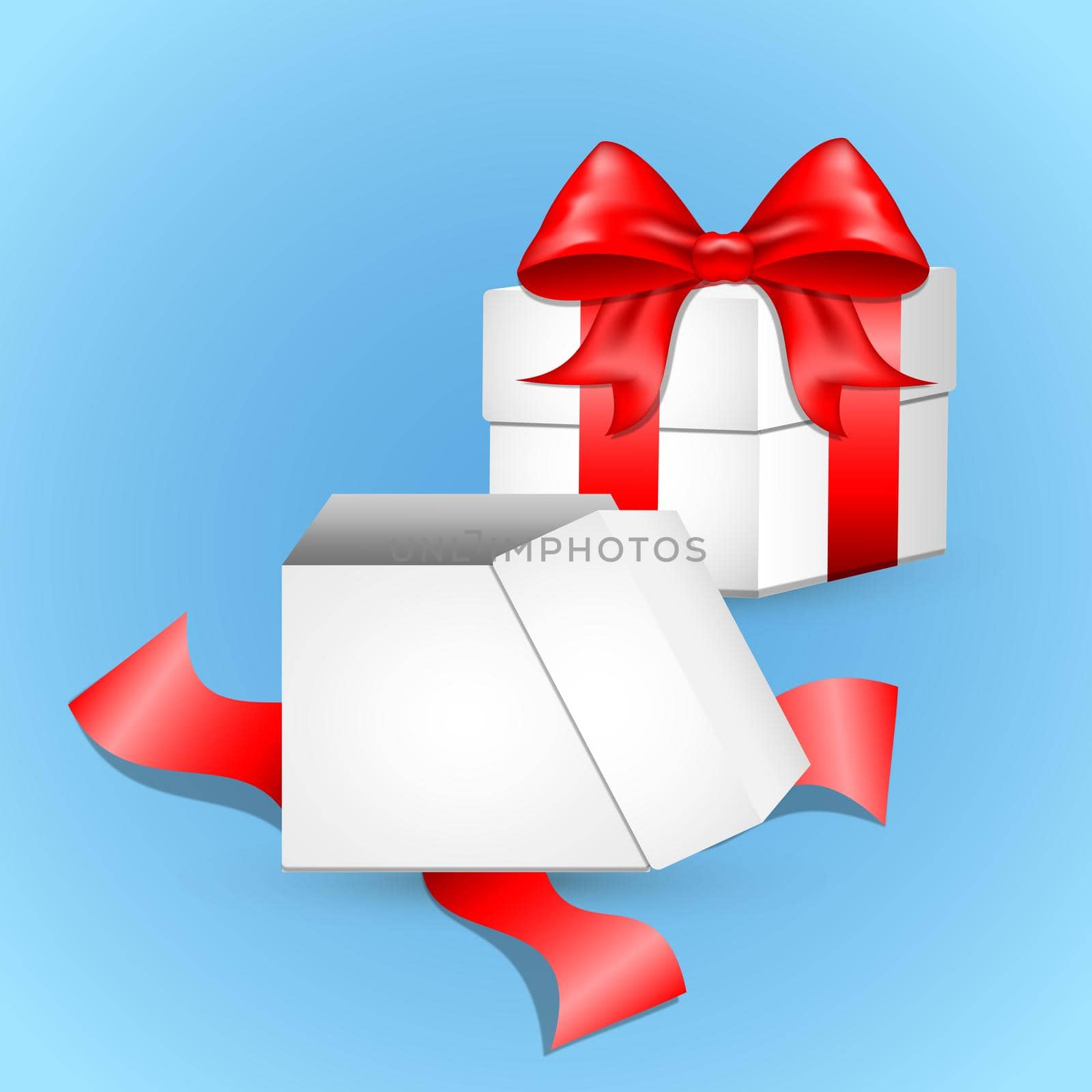 White gift box with red satin bow. The cubic shape of the real box, tied with red wrapping tape, stands on the surface in the front view. gift box