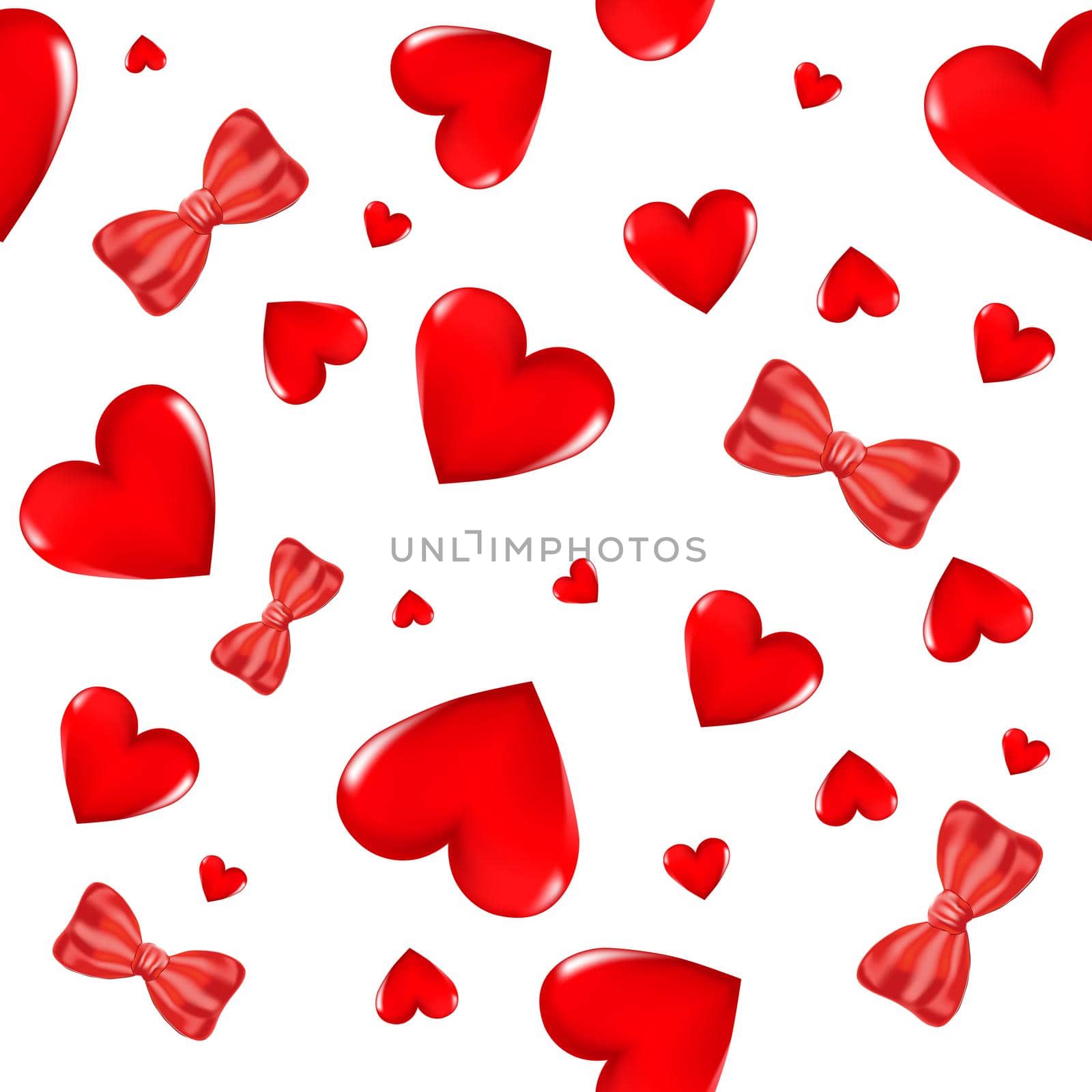 Red 3D hearts and bows on a white background. Seamless background. Stylish creative wallpaper. Graphic illustration. 