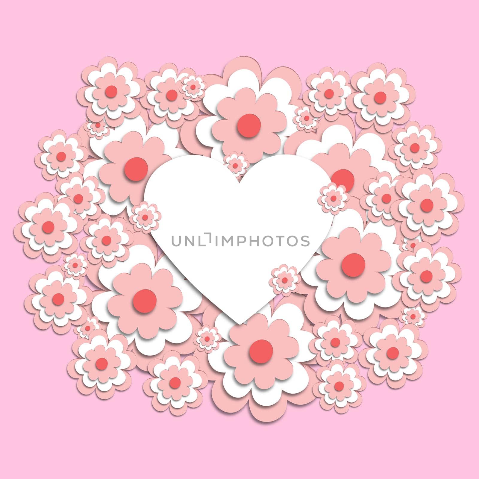 3D pink cherry blossoms around the heart. use it for a card, invitation, or postcard. Creative template. Space for the text. Graphic illustration.