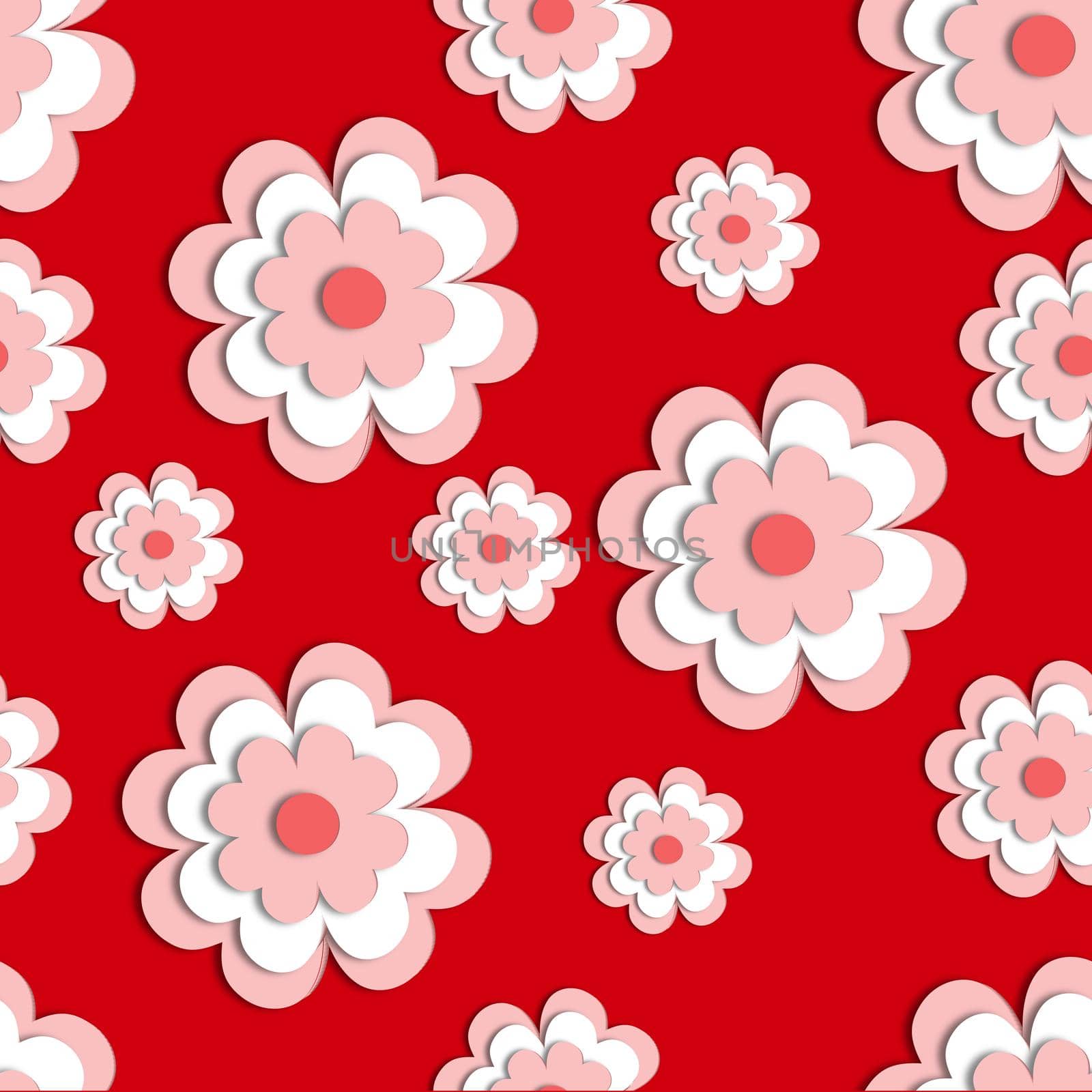 3D pink flowers on a colored background. Seamless background. Stylish creative wallpaper. Graphic illustration.  