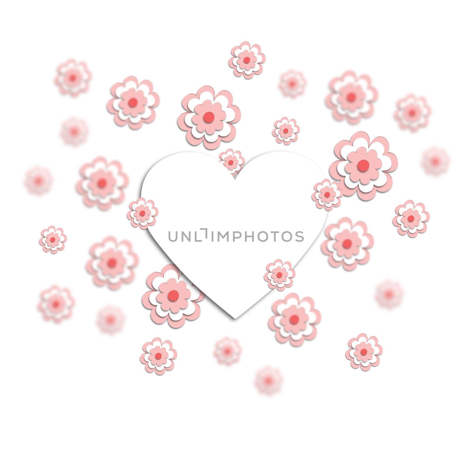 3D pink cherry blossoms around the heart. use it for a card, invitation, or postcard. Creative template. Space for the text. Graphic illustration.