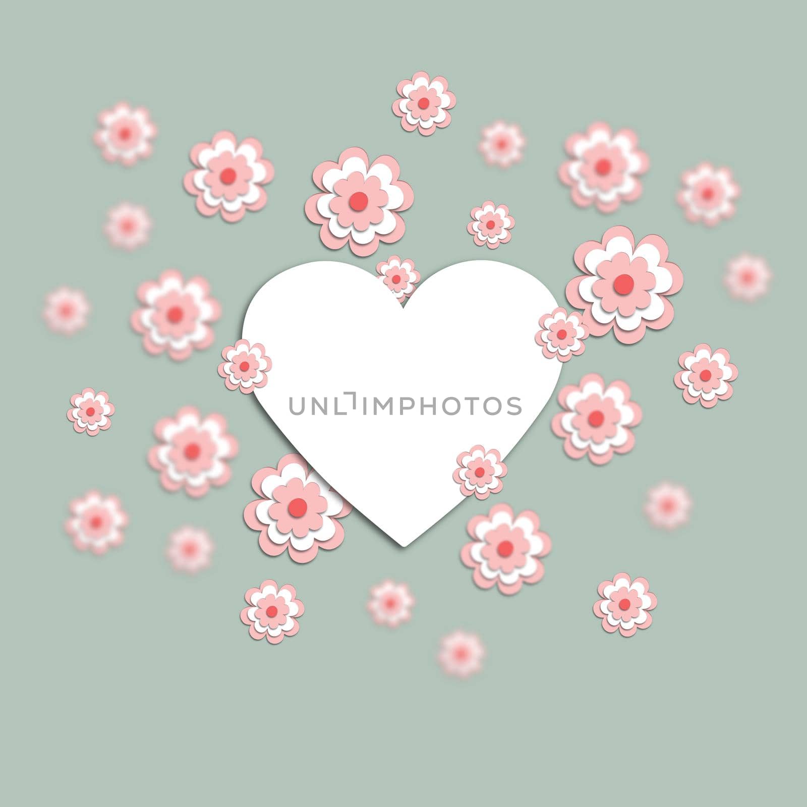 3D pink cherry blossoms around the heart. use it for a card, invitation, or postcard. Creative template. Space for the text. Graphic illustration.