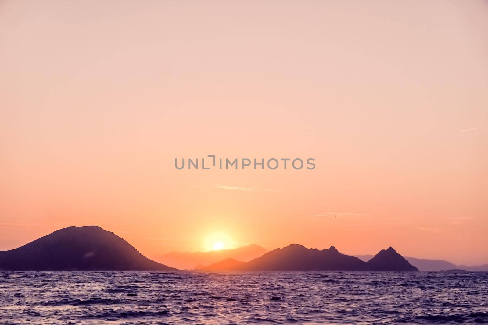 Nature, twilight and vintage beach holiday concept - Summer sunset at the Mediterranean sea coast, seascape and mountain view